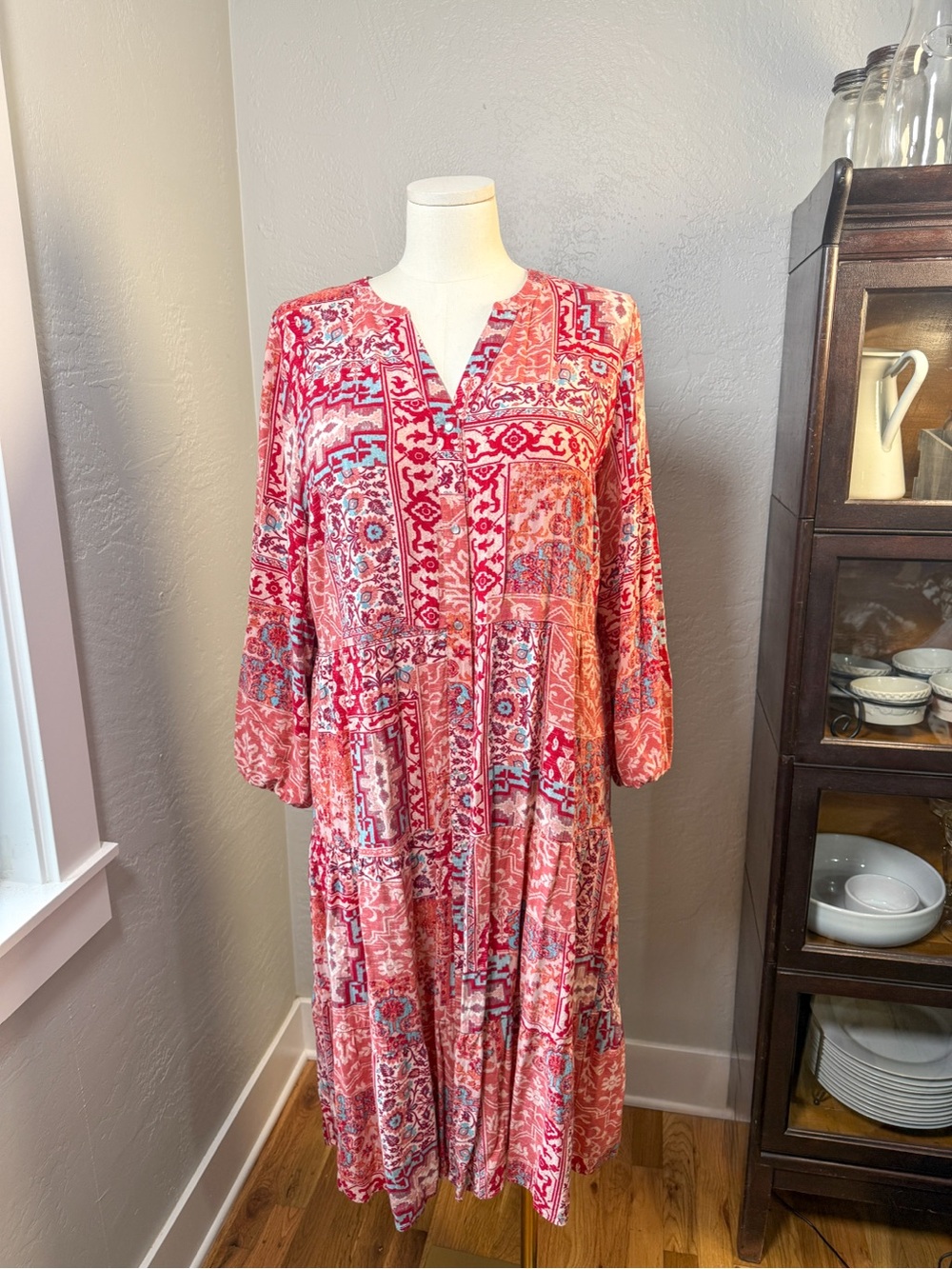 Canyon Retreat Boho Patchwork Southwest Midi Dress Pearl Snap Button Size XL